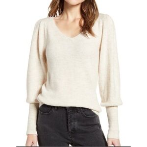 Rachel Parcell Puff Sleeves Sweater Oatmeal Cream Color Wool Blend Size L Women